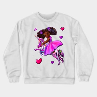 Black princess dress riding a unicorn pony horse. African American girl Crewneck Sweatshirt